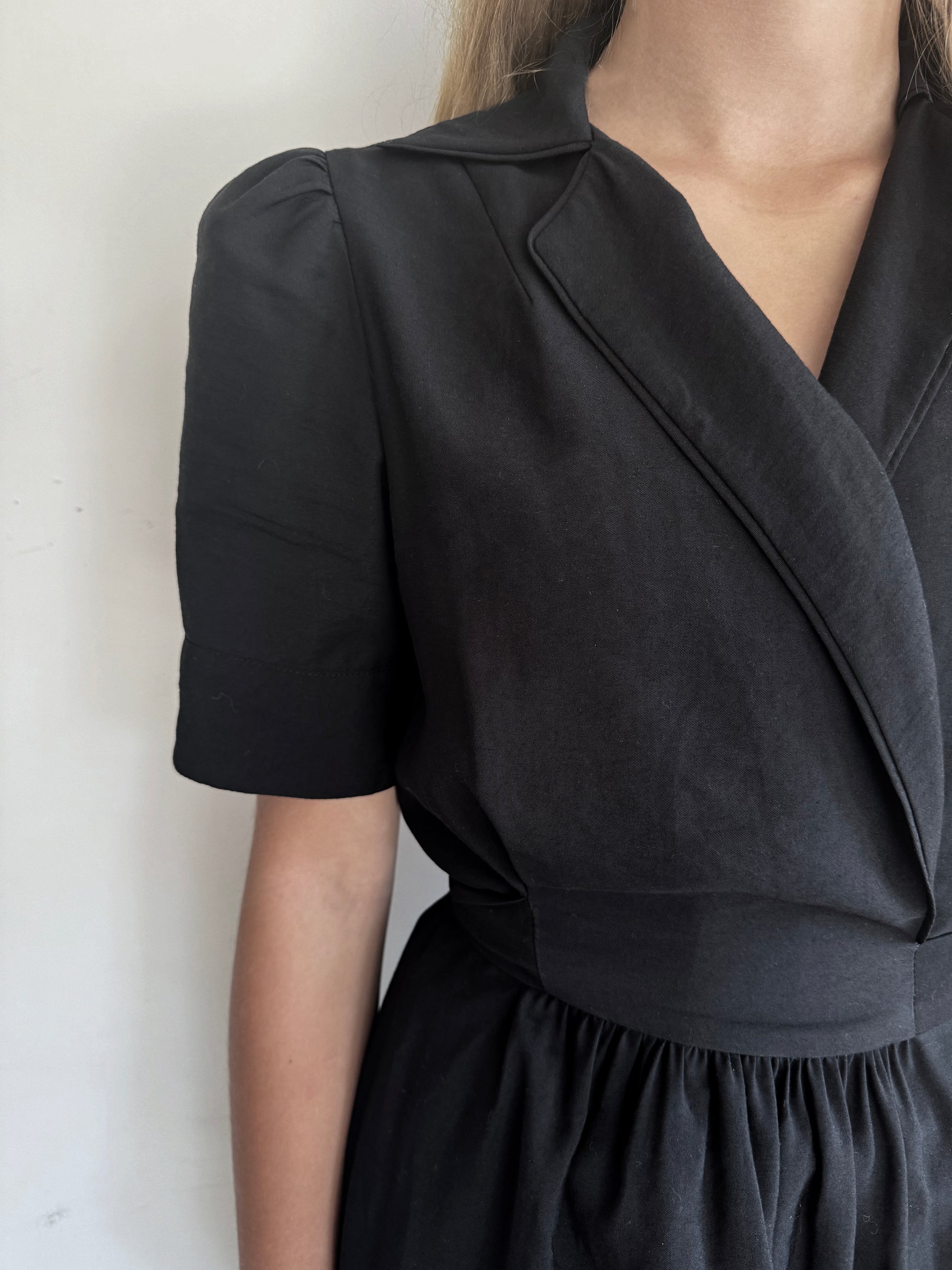 close up shot of black wrap dress.