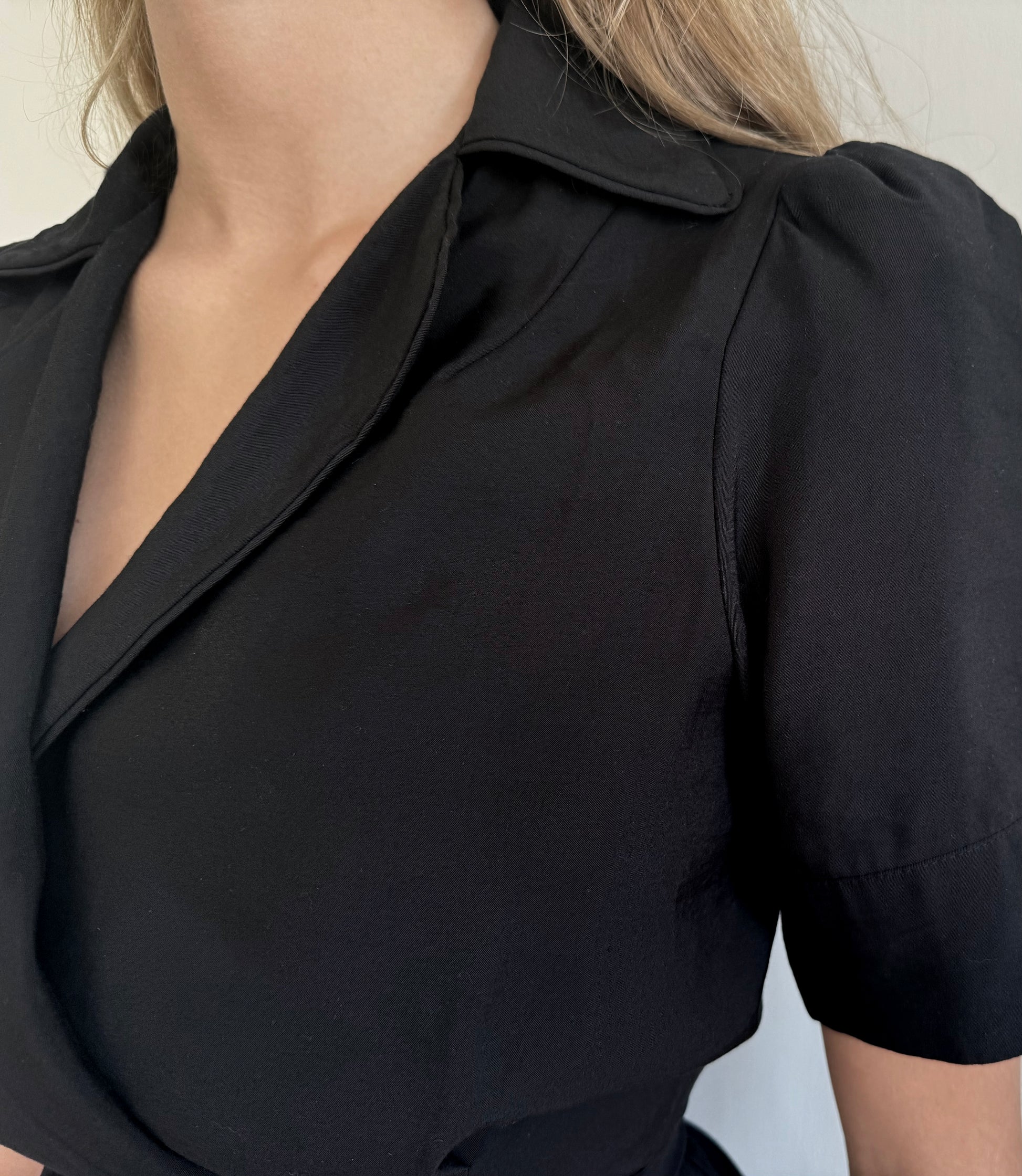 close up shot of  black wrap dress.